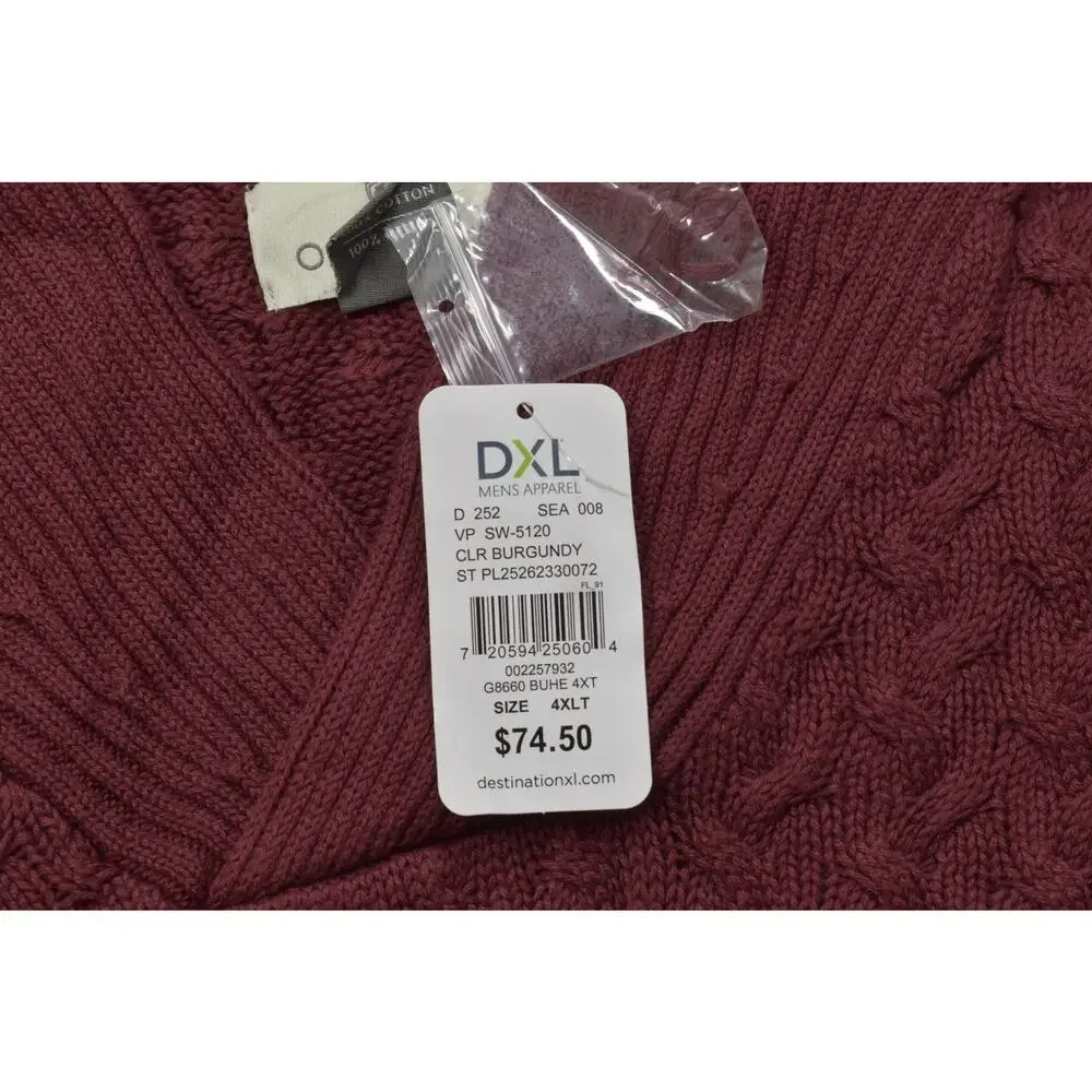 Oak Hill Men's 4XLT Burgundy Shawl Neck Cable Knit Cotton Sweater NWT Big & Tall